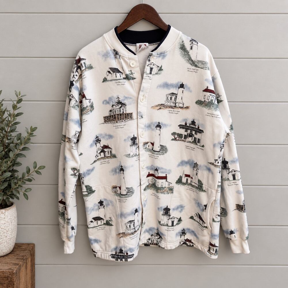 Vintage Lighthouse All Over Print Button Front Sweatshirt Jacket Coastal XL